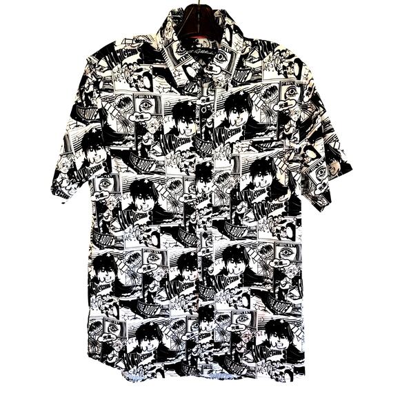 Anime Japanese Comic Strip Manga Graphic Art button up Short Sleeve Shirt Small - Picture 1 of 9
